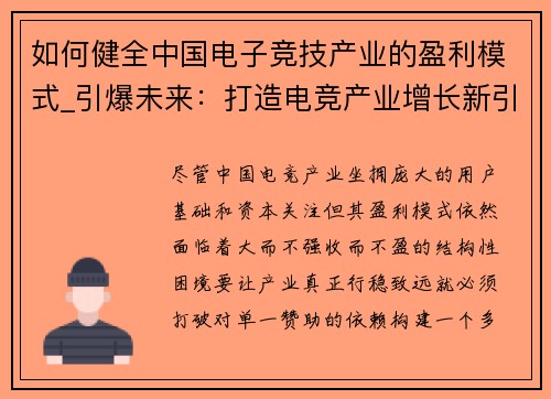 如何健全中国电子竞技产业的盈利模式_引爆未来：打造电竞产业增长新引擎
